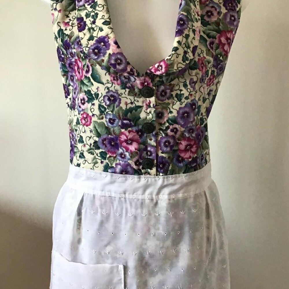 Vintage Floral Apron Cotton Paper Linen Embroidered Layer Cottagecore Farmhouse